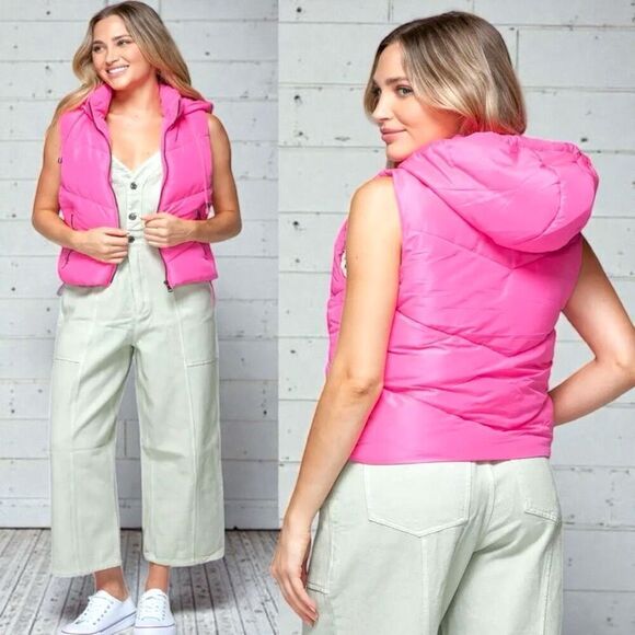 Snobbish Jackets & Blazers - Pink Zip Up Quilted Hooded Vest Size Large NWT | Snobbish